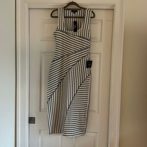 New Lulus Constantly Trendy Blue Striped Crinkle Bodycon Midi Dress size L